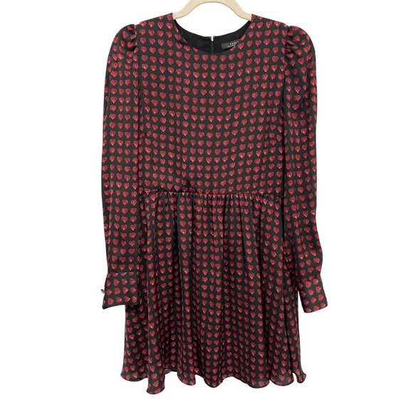 Zara Mini Dress Size Medium A Line Babydoll Black Red Long Sleeve Heart Print - Picture 2 of 10